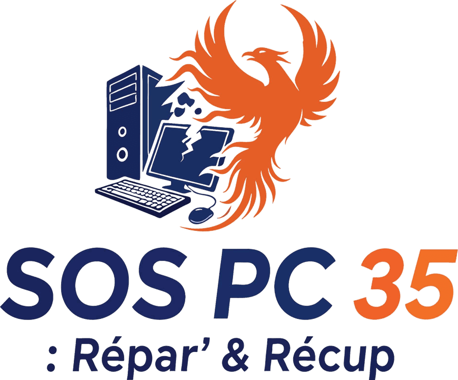 Logo SOS PC 35 : un phénix orange renaissant d'un ordinateur