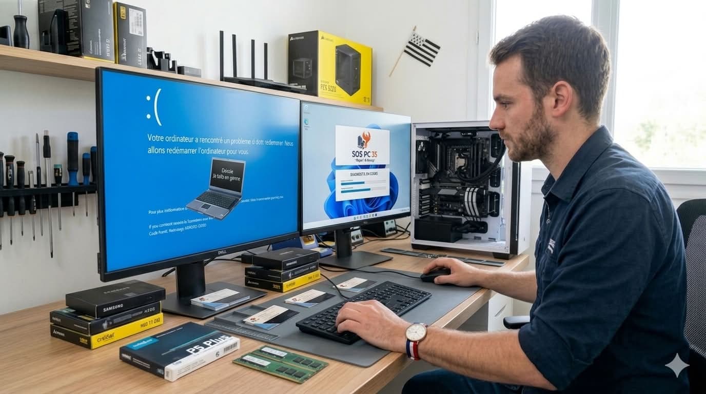 Le technicien de SOS PC 35 réalisant un diagnostic sur un PC dans son atelier